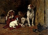Hounds And A Jack Russell In A Stable by John Emms